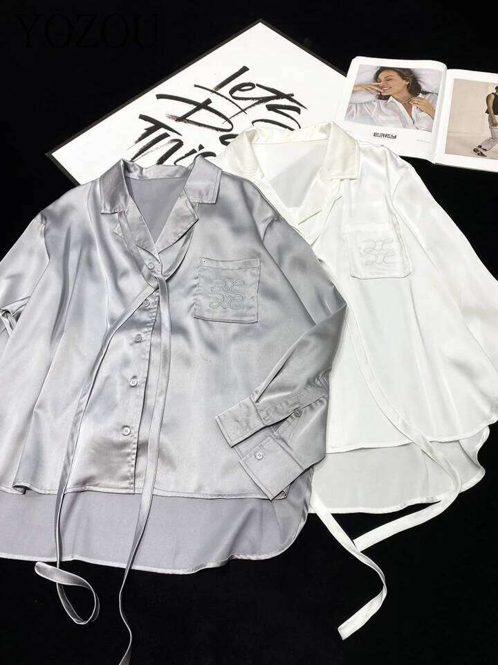 Luxury Oversized Loose Silk Satin Elegant Blouses Shirts Embroidered Designer Fashion Women Tops Trend Black Gray White Korean Style
