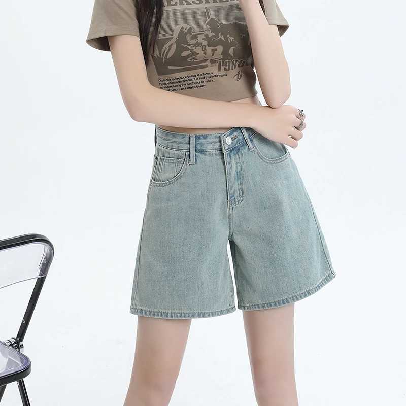 Womens Dark Blue High Waist Denim Shorts Loose Wide Leg Design Sense Niche Vintage Style M260319