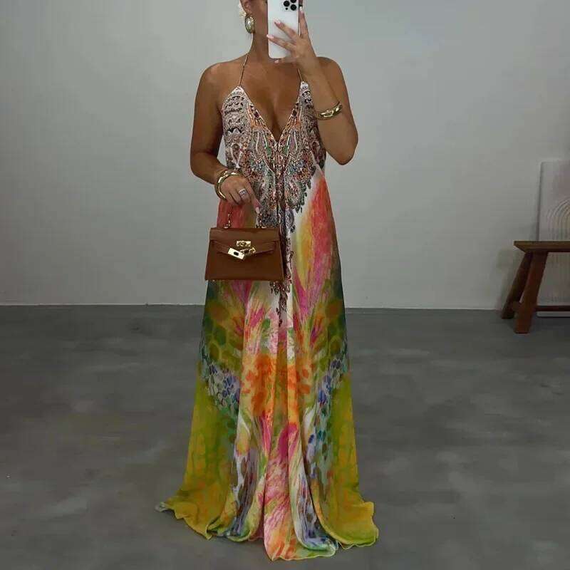 Summer New Deep V Neck Hollow Camisole Woman Fashion Print Loose Swing Long Sexy Lace Up Backless Boho Dress Vestido