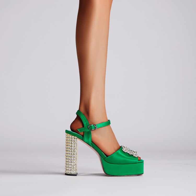 Chengdu Rhinestone Studded Square Toe Sandals 11cm Chunky Heel Open Side Evening Shoes
