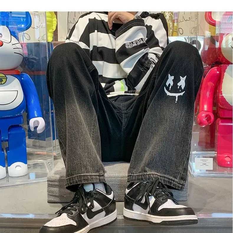 Harajuku Smile Print Baggy Pants Men Streetwear Wide Leg Oversize Jeans Vintage Y2k Straight Long Trousers Male 2024 Fashion M260319