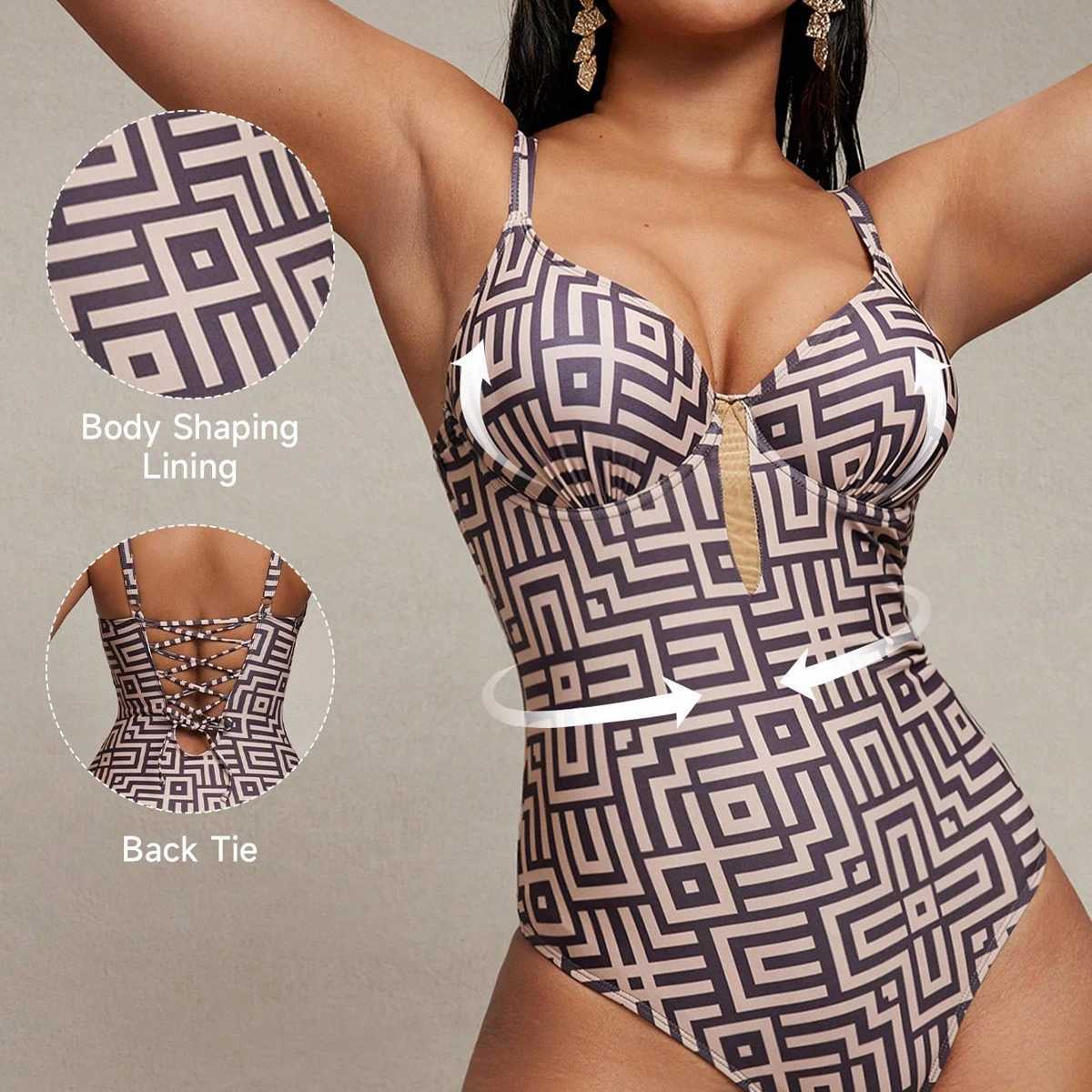 Sexy Coffee Geometry Print One Piece Swimsuit 2026 Women Underwire Push Up Bandage Back Cross Slim Fit Bathing Suit SwimwearT260318