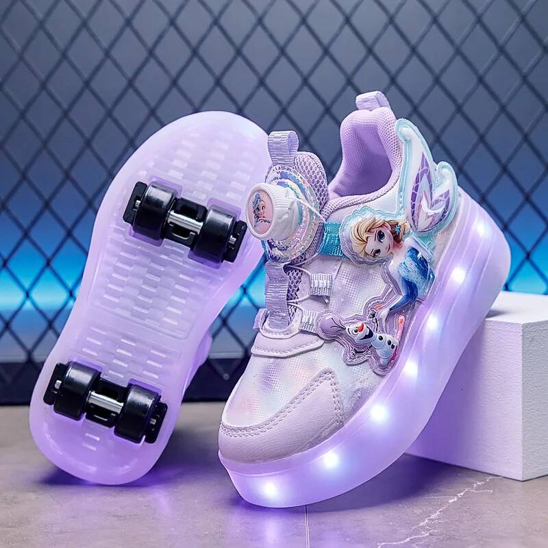 Designer Disney Kids'casual Shoes Roller Skate Shoes Led Light Cartoon Princess PU Leather For Children Blue Pink Shoes Size 28-37 Luxury