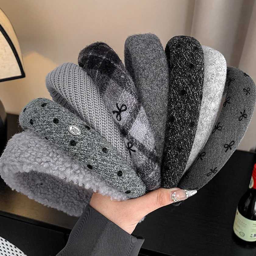 New Grey Headbands Retro Knitted Bow Wool Wide Hair Band for Woman Girl Elegant Hair Hoop Lady Winter Fashion Hair Accessories H260319