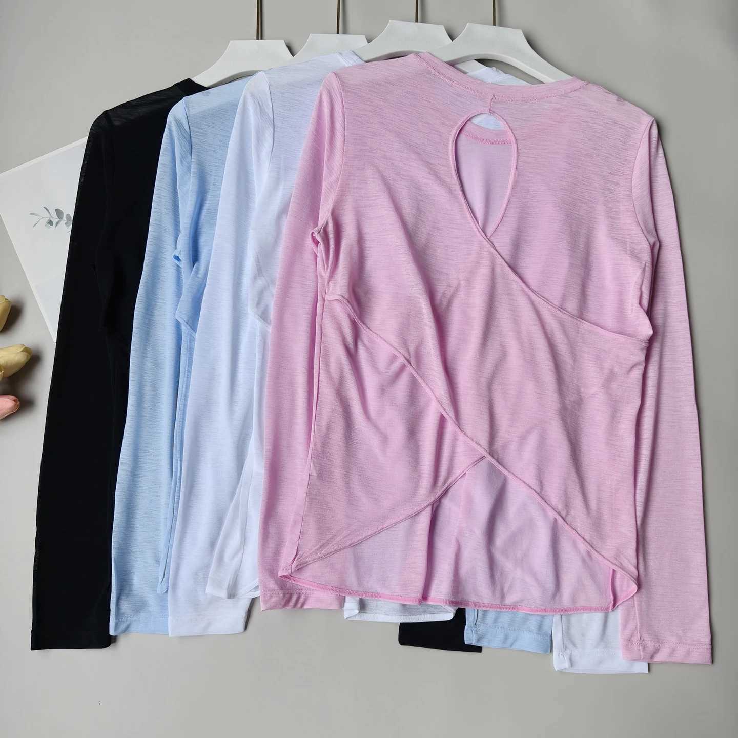 Women Backless Loose Yoga T-shirts Summer Round Collar Long Sleeve Fitness Breathable Sporty Yoga Tshirt Tops Female Sportswear Z20260319