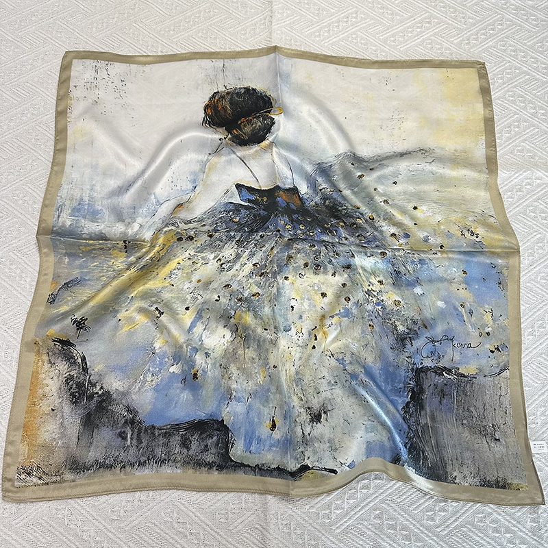 Spring sheer scarf with elegant fashion touch - ballet girl style. Exquisite printed 100% mulberry silk scarf for neck protection, small headscarf.