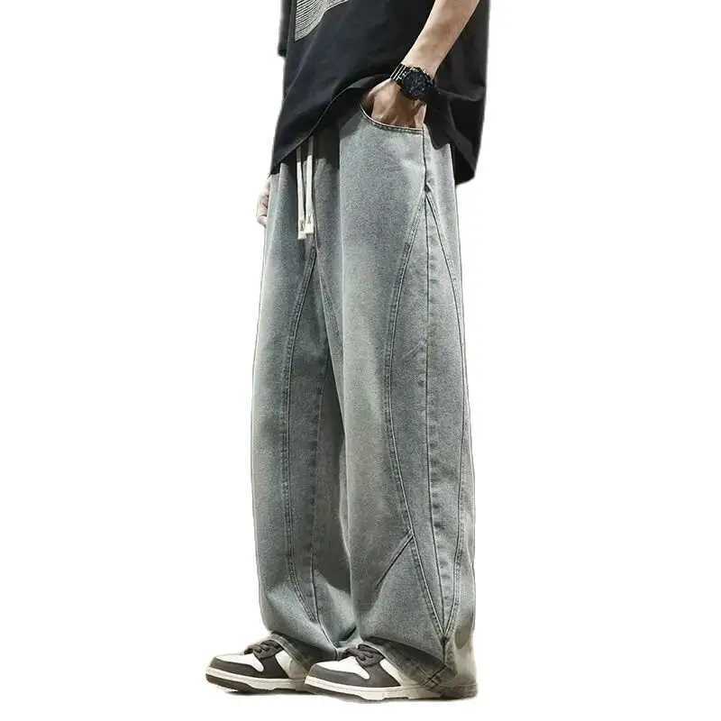 Teenage spring straight leg jeans for boys loose straight leg casual curved knife pants student washed wide leg long pants M260319