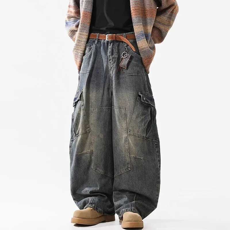 Retro Multi Pocket Curved Knife Jeans Autumn And Winter Vintage Wide Leg Workwear Pants Korean Version High Street MenS Jeans M260319