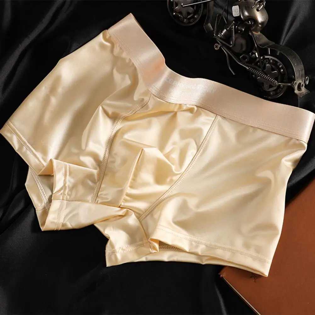 Men Boxer Underwear High Elasticity Breathable 3D Cut U-Convex Smooth Ice Silk Satin Shorts Panties Solid Color Seamless Panties D260319