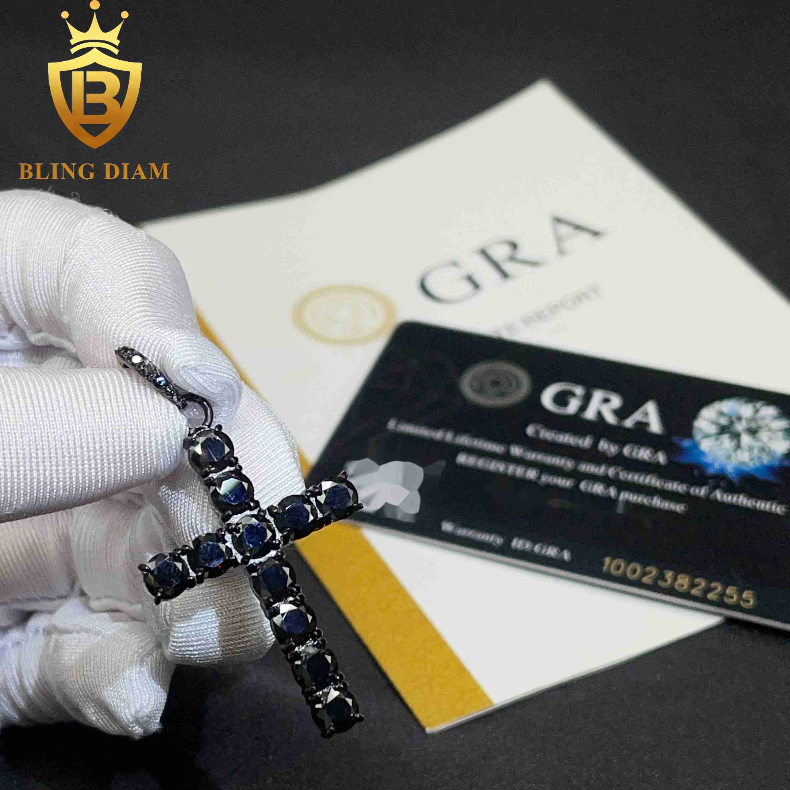 Blingdiam Jewelry Wholesale Iced Out Black Moissanite Gra Certificate Charms Stainless Steel Cross Pendants Necklace