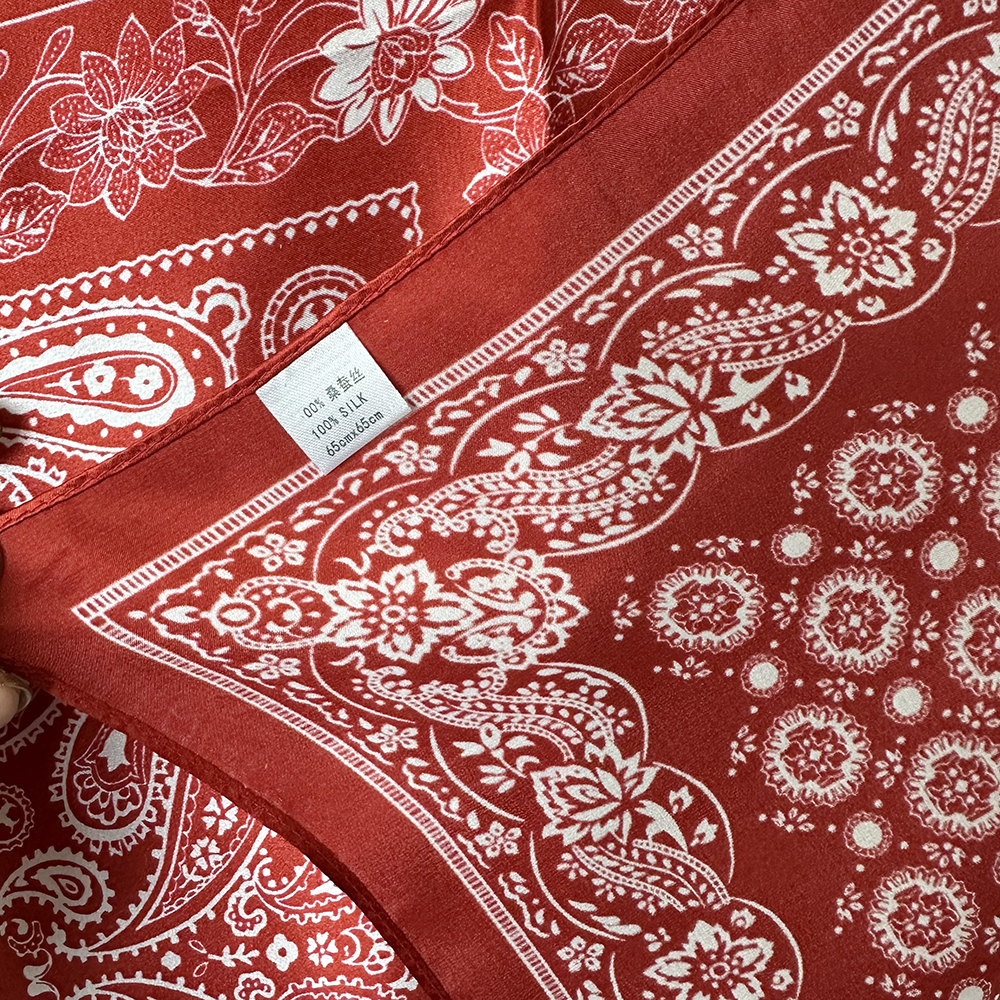 Spring new red silk scarf, featuring a fashionable Chinese style. The scarf is in a square design and can be used for neck protection as well as as a 