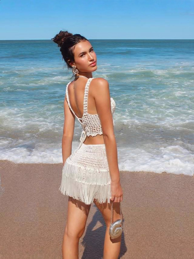 Fashion Tassel Knitted Skirt Sets Women Elegant Holiday Party Two Piece Outfits Summer Crop Top and Mini Skirt Matching Set 250411