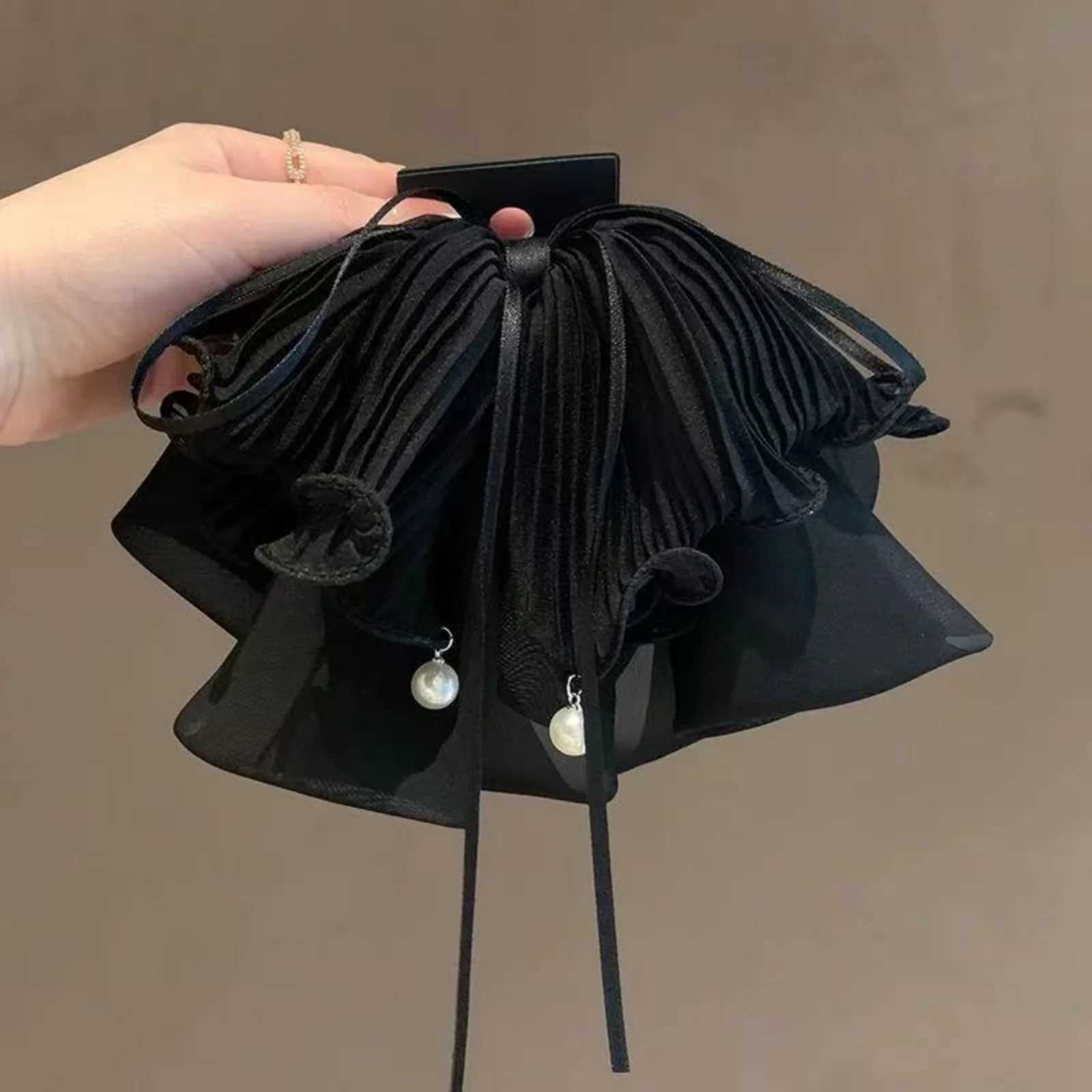 1pc New Internet-Famous Black Chiffon Bowknot Streamer Hair Claw Clip - Elegant Versatile Large-Size Ponytail Clip Elegant H H260319