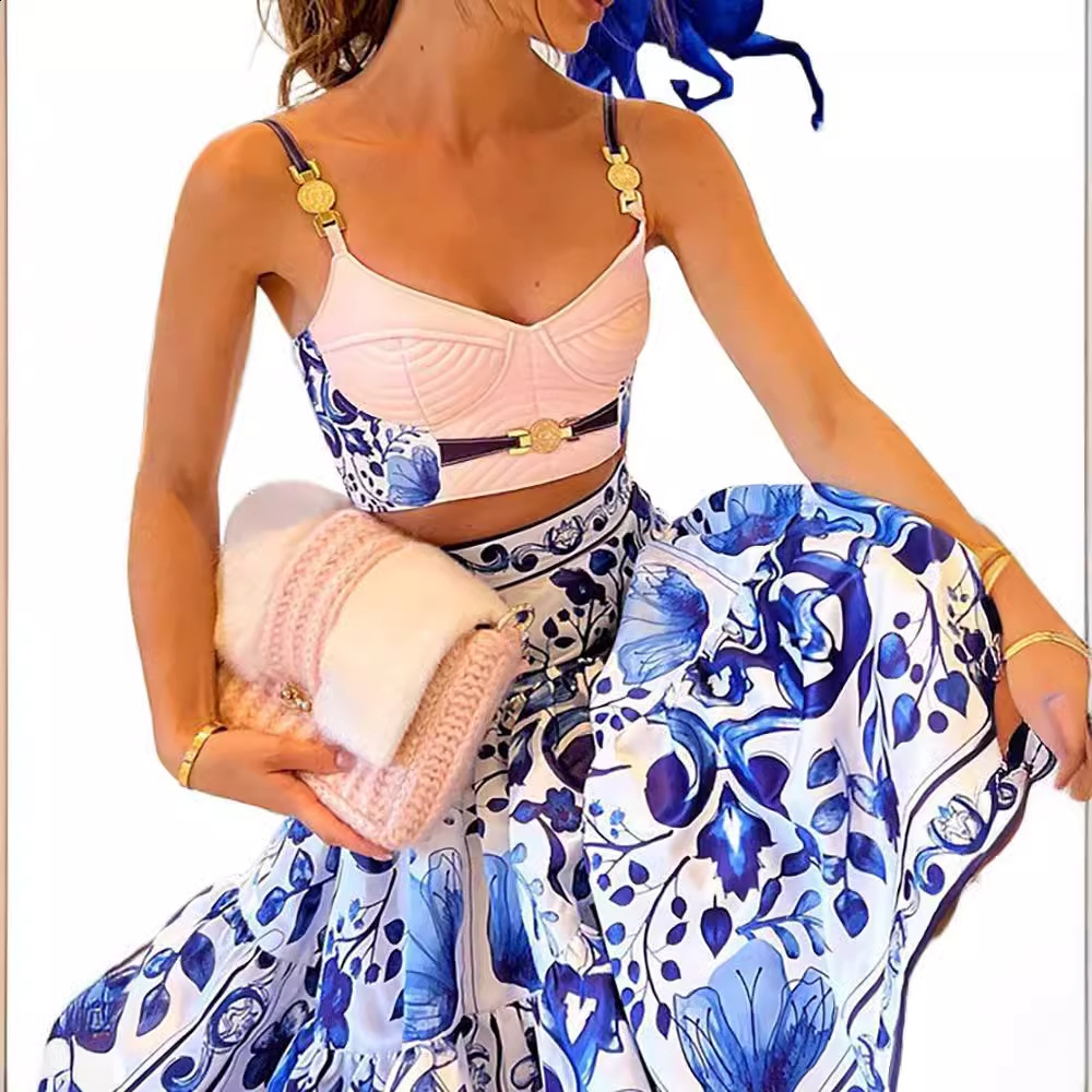 Summer Runway Holiday Gorgeous Flower Skirt Suit Long Sleeve Print Shirt Tops Pleated Mini Skirt Womens 2 Piece Outfits Skirt 250723 - view 6