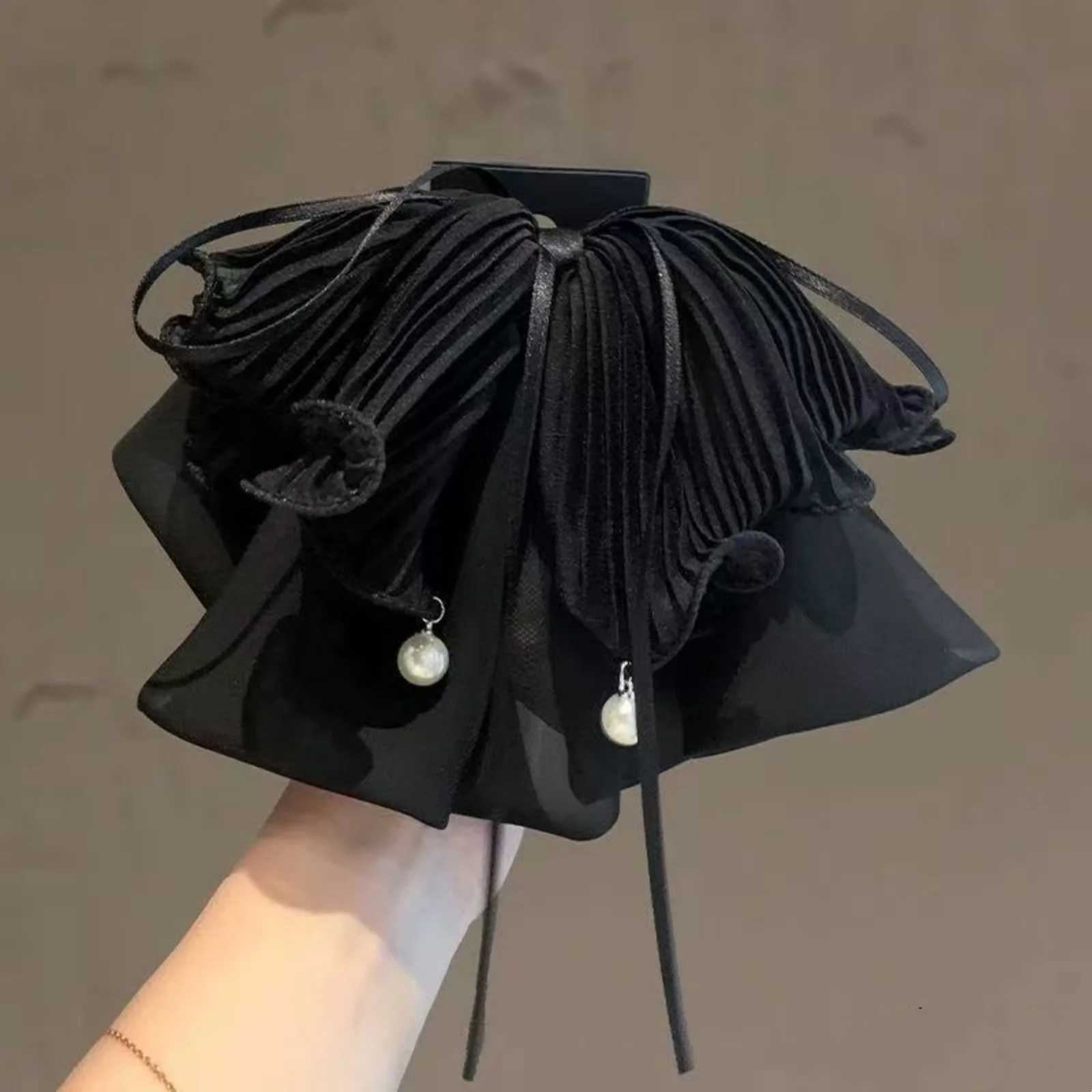 1pc New Internet-Famous Black Chiffon Bowknot Streamer Hair Claw Clip - Elegant Versatile Large-Size Ponytail Clip Elegant H H260319