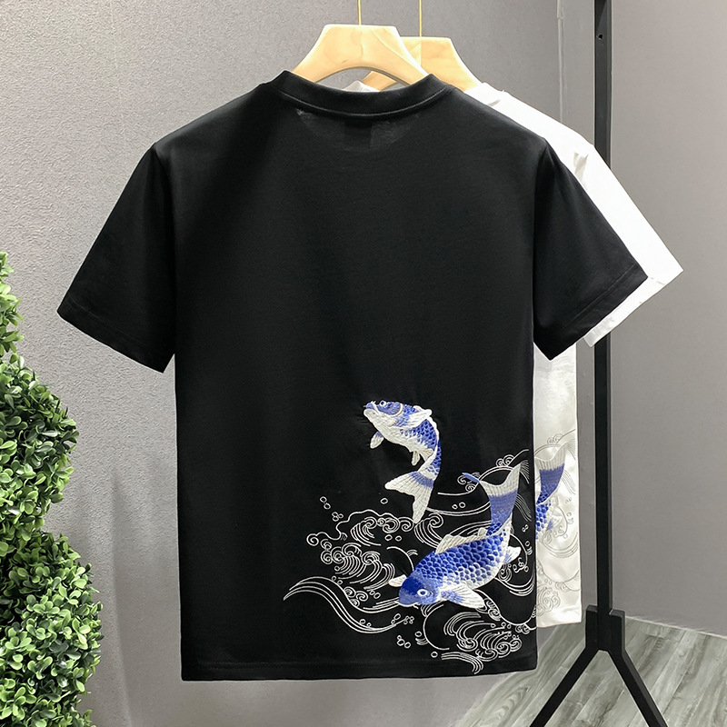 Summer Embroidered Fish Chinese Style Short-sleeved T-shirt Men's Trendy Top Casual Loose Fashion