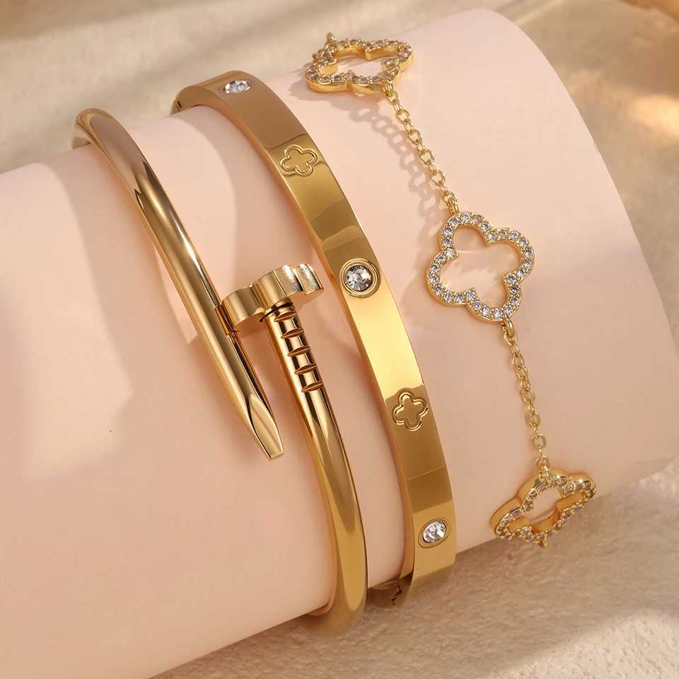 Yupsk 3Pcs StainlESS Steel 18K Gold Plated Flower nails Stacked Bracelet Bangles Shiny Zircon Couple Jewelry GiftXJ260319