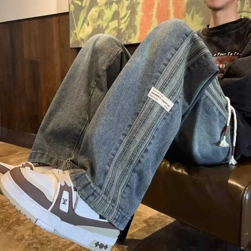 Three bar American retro jeans mens spring and autumn new style high street elastic waist loose casual mens straight leg long M260319