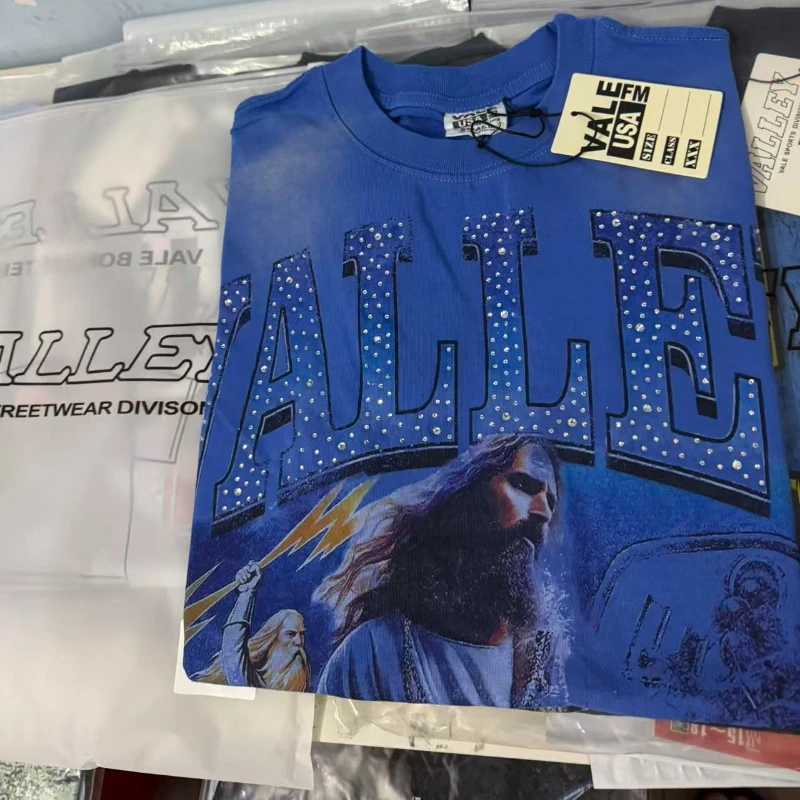 Oversized Hot Drill Letters T-Shirts Vintage Blue Short Sleeves X260316