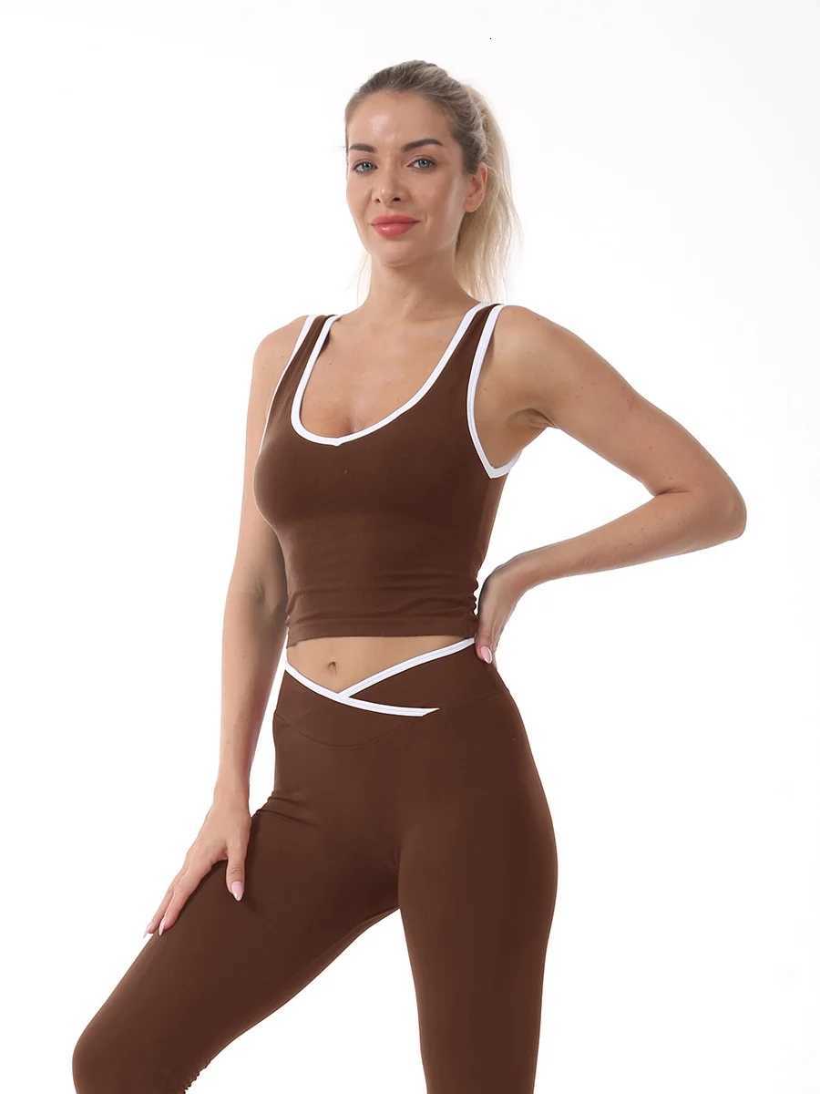 Color-blocking cross-waist yoga vest womens sports top with chest pads Z20260319