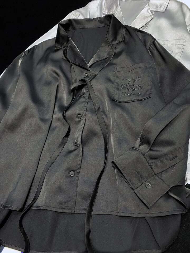 Luxury Oversized Loose Silk Satin Elegant Blouses Shirts Embroidered Designer Fashion Women Tops Trend Black Gray White Korean Style