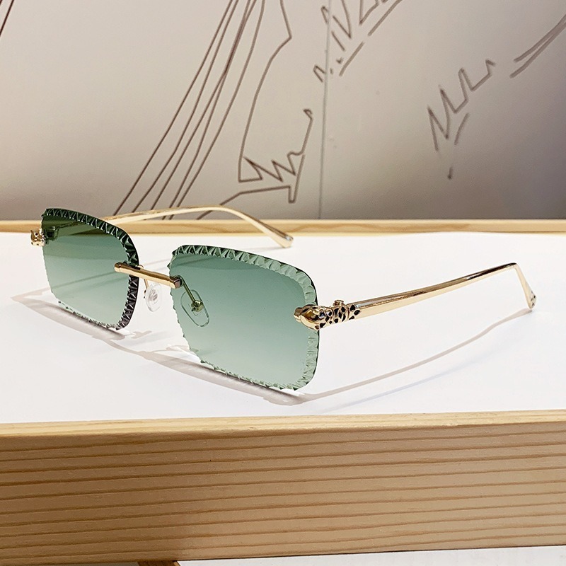 Brand Designer European And American New Leopard Head Frameless Sunglasses For Women, Light Luxury Style, Metal Square Floral Lens Fashion Sun