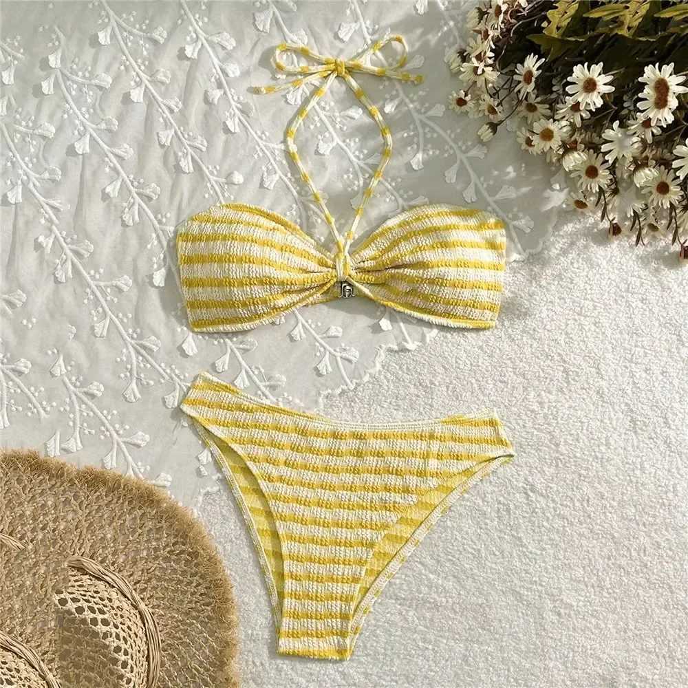 Striped Print String Halter Bandeau Bikinis Sets 2025 Sexy Swimsuit Women Ruched Swimwear Bathing Suit Brazilian Bikini MujerT260318