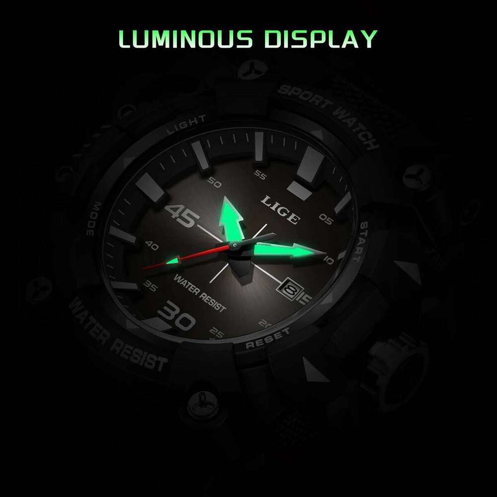 LIGE New original Military Sport Waterproof Quartz Chronograph Wrist For Fashion Luminous Big Dial Watch Men