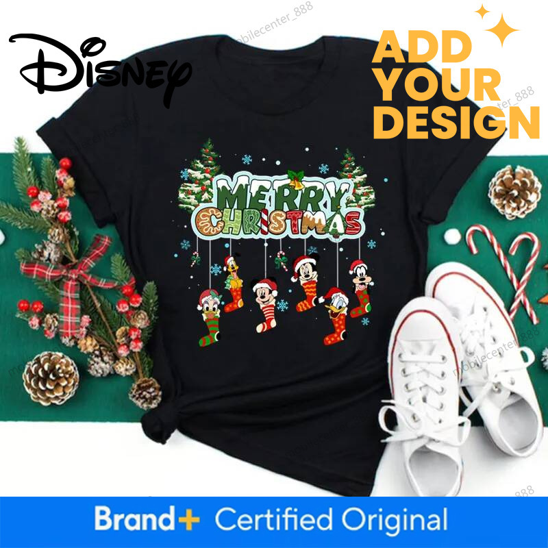 Merry Christmas Black Disney Print T-shirts Women Kawaii Y2K 90S Santa Claus Sweetshirts Female Tops Tee Harajuku Clothing