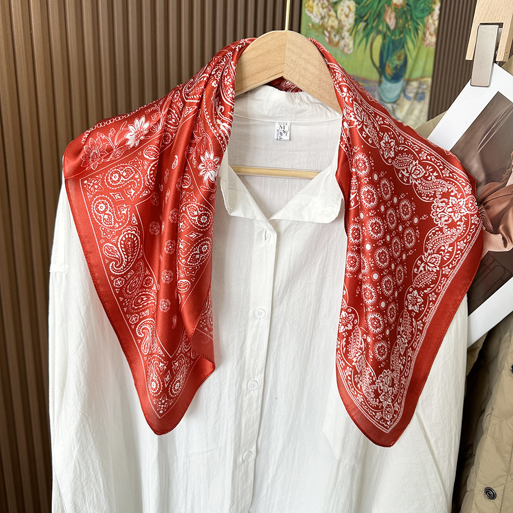Spring new red silk scarf, featuring a fashionable Chinese style. The scarf is in a square design and can be used for neck protection as well as as a 