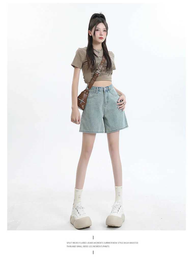 Womens Dark Blue High Waist Denim Shorts Loose Wide Leg Design Sense Niche Vintage Style M260319