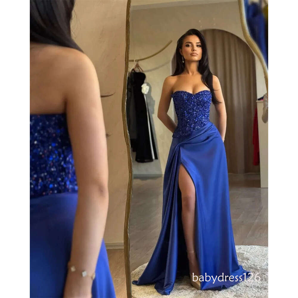 Elegant Royal Blue Evening Party Dress 2026 Strapless Split Sequins Beads Pleated A-line Silt Satin Prom Formal Gowns Banquet Robe De Soiree ZD19
