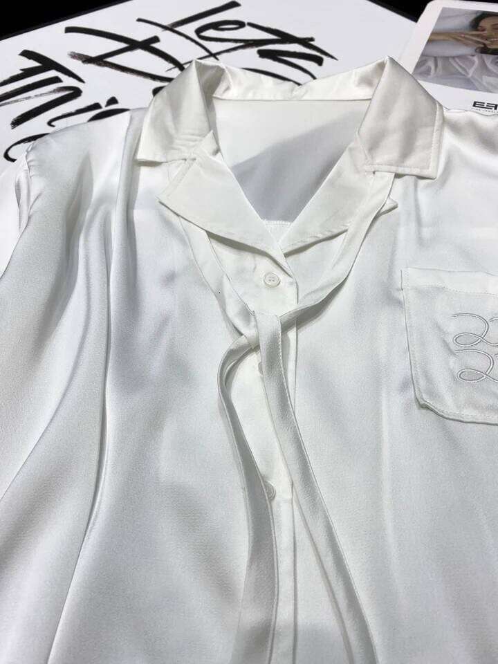 Luxury Oversized Loose Silk Satin Elegant Blouses Shirts Embroidered Designer Fashion Women Tops Trend Black Gray White Korean Style