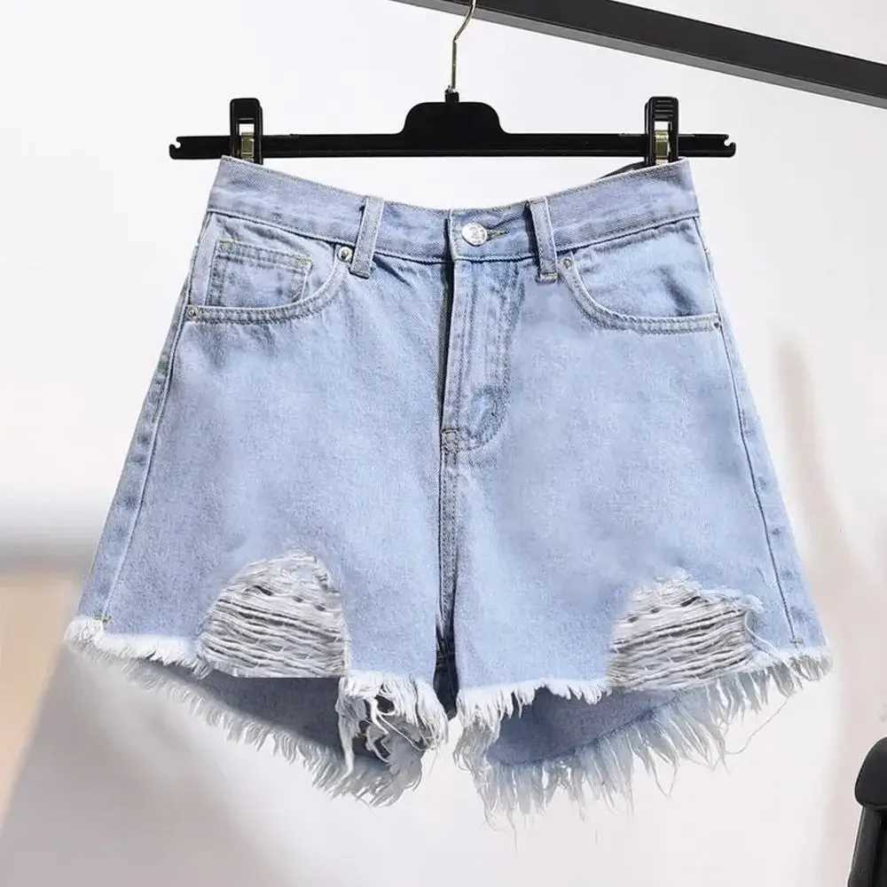 Summer Womens High Waist Cowboy Shorts Korean Style Casual Denim with Pockets Tassel Detail Perforated Design Y2K White Jeans M260319
