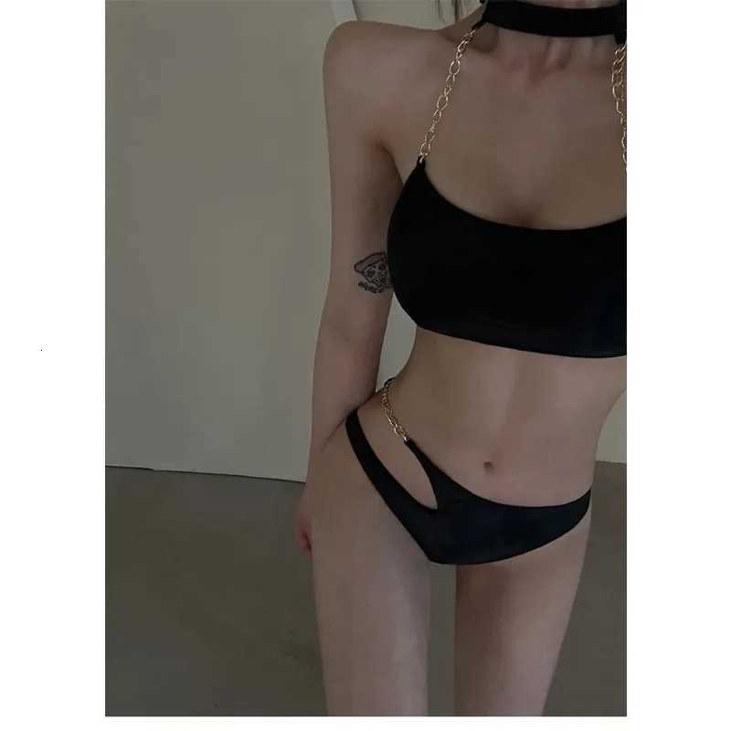 Womens Black Chain Bikini Set Sexy Halter Neck Asymmetric Swimwear for Beach Vacation Fashion Triangl Swimsuit with Unique CutT260318