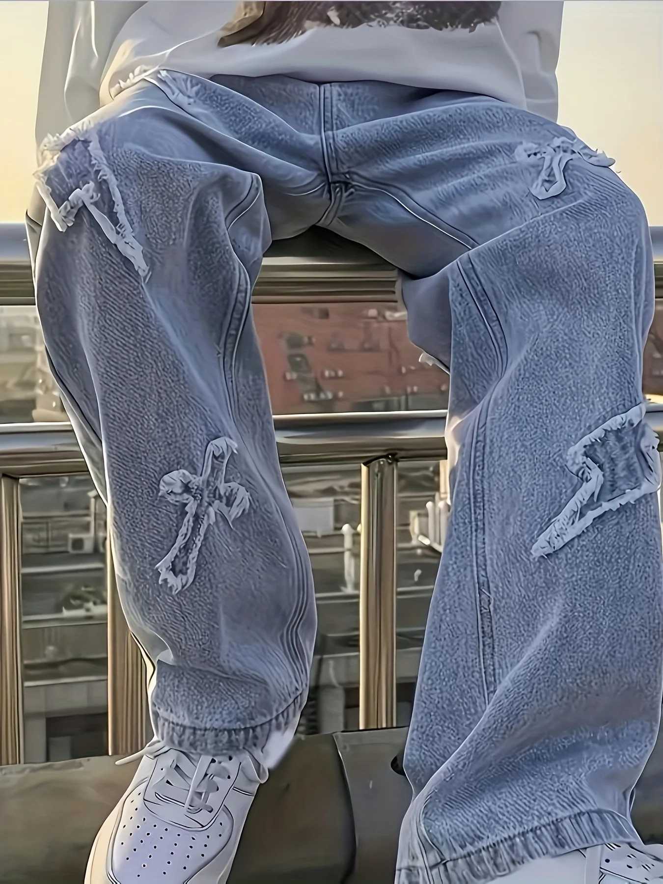 Mens jeans patch lightning jeans mens loose jeans worn-out jeans M260319