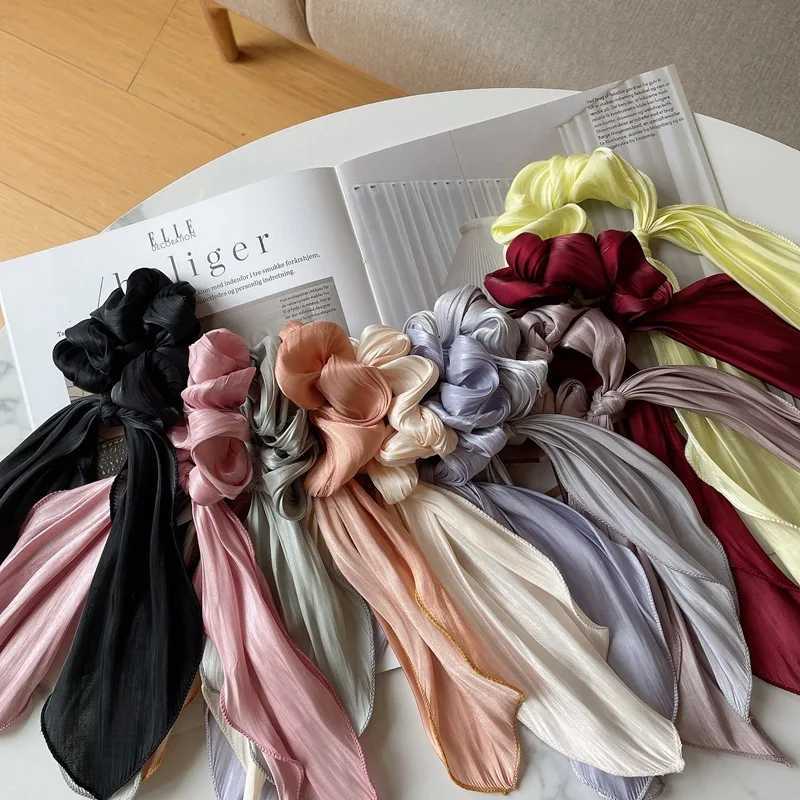 Satin Bow Long Ribbon Scrunchies Elastic Hair Bands Women Girls Ponytail Holder Hair Ties Solid Headband Hair Accessories H260319