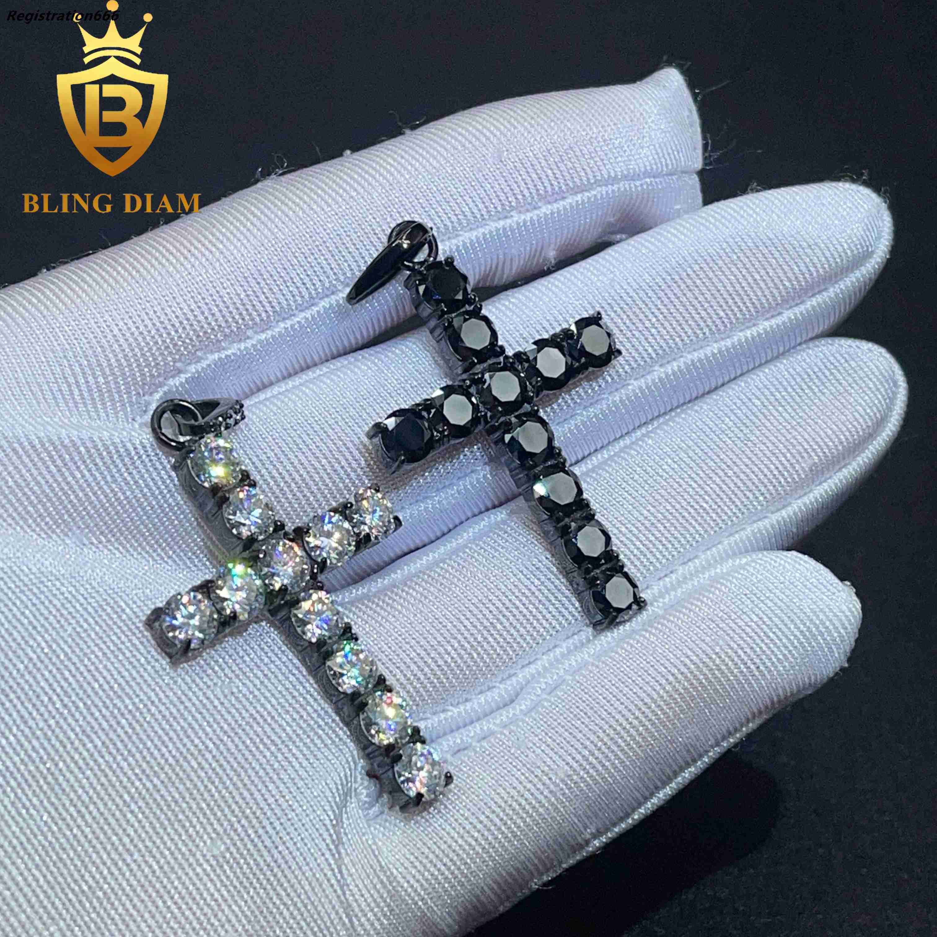 Blingdiam Jewelry Wholesale Iced Out Black Moissanite Gra Certificate Charms Stainless Steel Cross Pendants Necklace