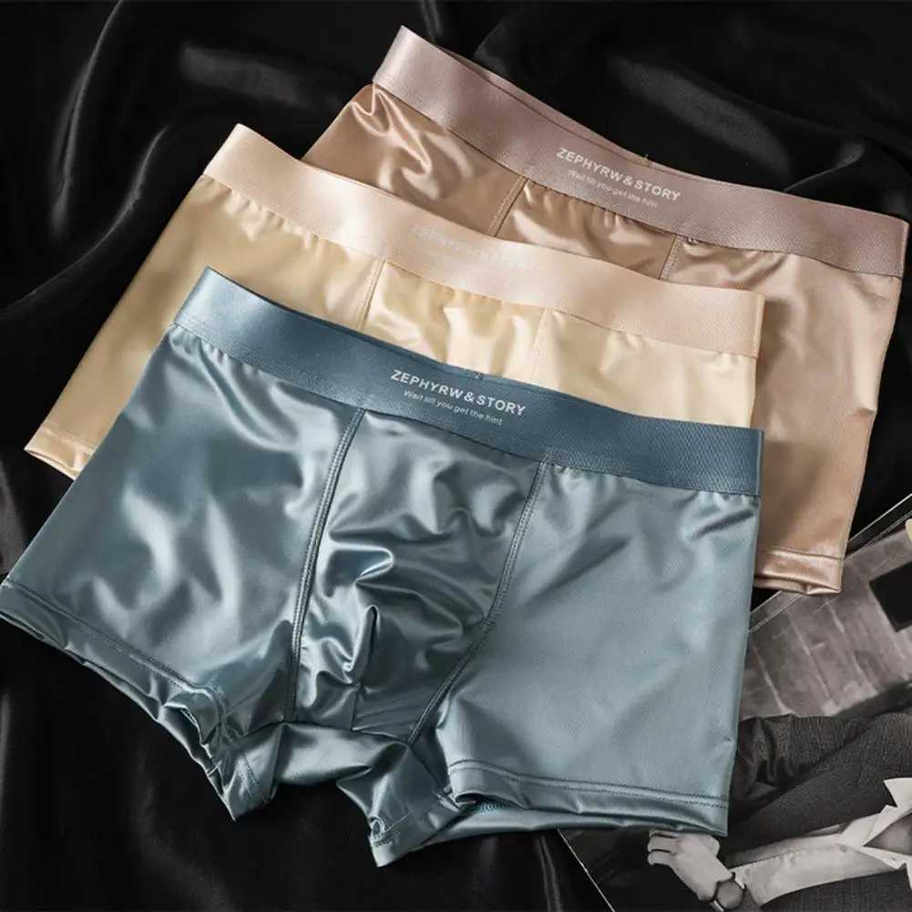 Men Boxer Underwear High Elasticity Breathable 3D Cut U-Convex Smooth Ice Silk Satin Shorts Panties Solid Color Seamless Panties D260319