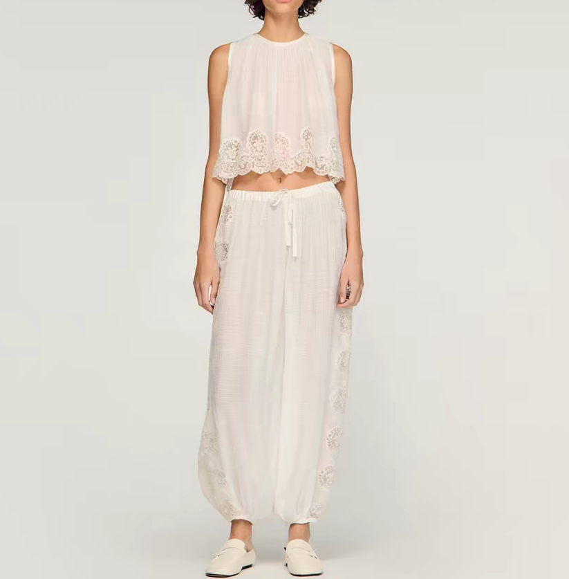 Lace Hollow Texture Lace Hem Women Summer New 2026 Tee Tops Sleeveless Casual White Ladies O-Neck Tshirt All-Match