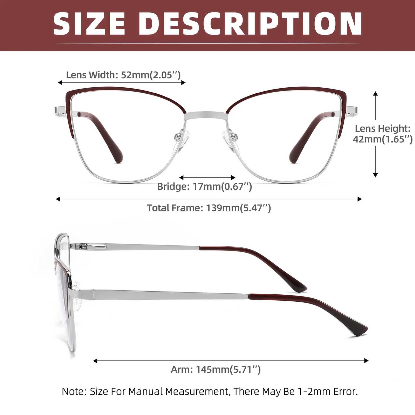 Retro Cat Eye Glasses for Women Anti Blue Light UV400 Reading Glasses Silver Metal Frame 52-17-145 in Purple/Blue/Burgundy H260319 - view 4