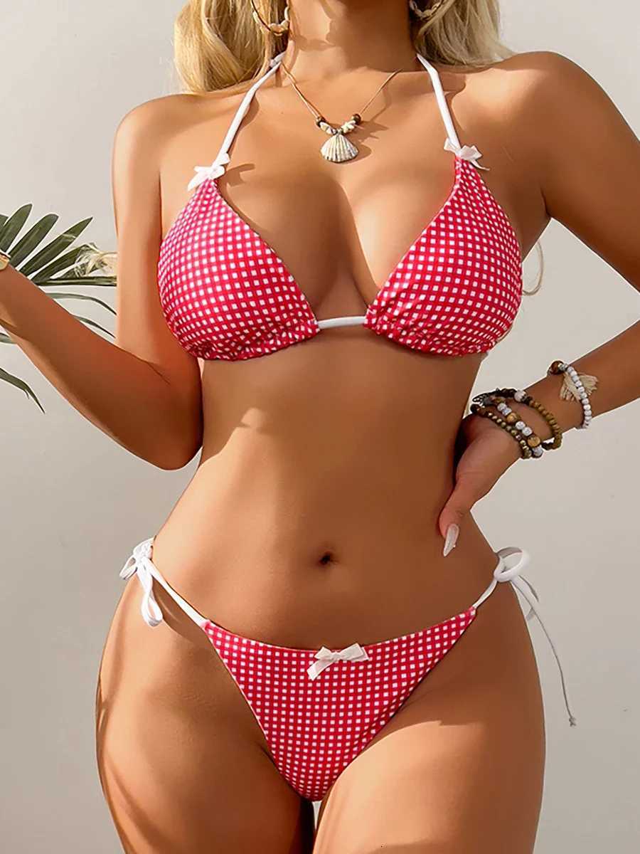 Sexy Bikini Womens Swimsuit Butterfly Decor Checked Swimwear 2026 Halter Thong Bikinis Sets Swimming for Beachwear Bathing SuitT260318