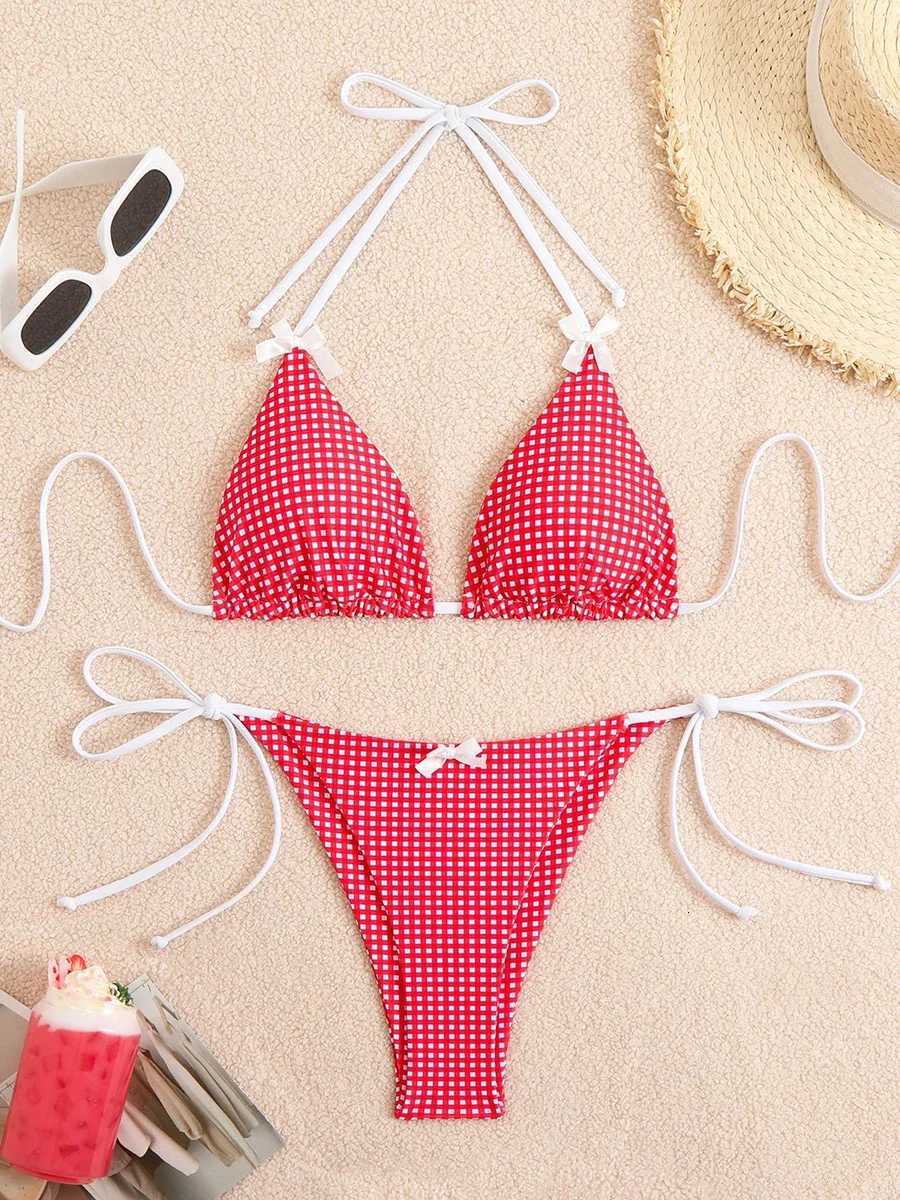 Sexy Bikini Womens Swimsuit Butterfly Decor Checked Swimwear 2026 Halter Thong Bikinis Sets Swimming for Beachwear Bathing SuitT260318