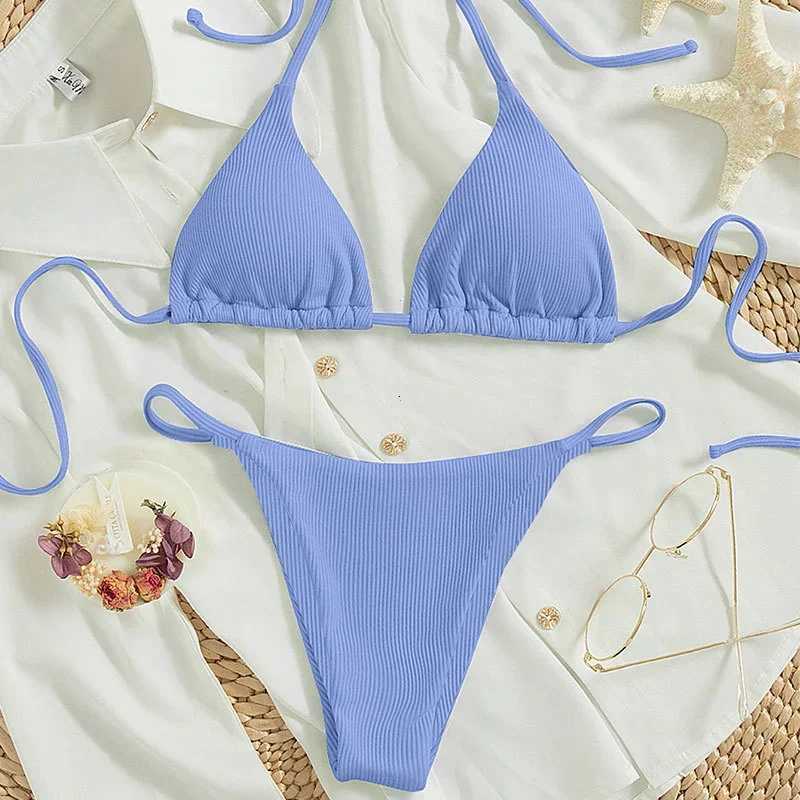 2024 Special Pit Stripe Fabric Bikini Set Women Sexy Simple Solid Halter Bikini Swimsuit High Waisted Lace Up Beach Bathing SuitT260318