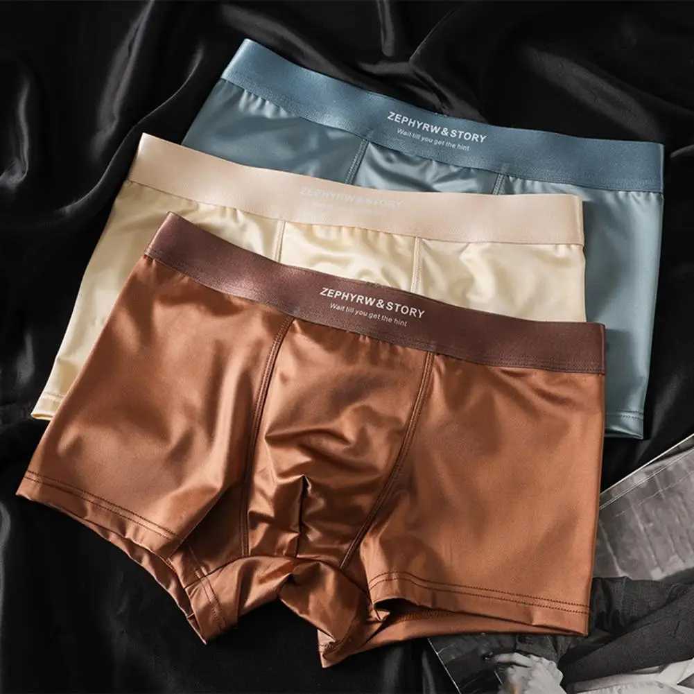 Men Boxer Underwear High Elasticity Breathable 3D Cut U-Convex Smooth Ice Silk Satin Shorts Panties Solid Color Seamless Panties D260319