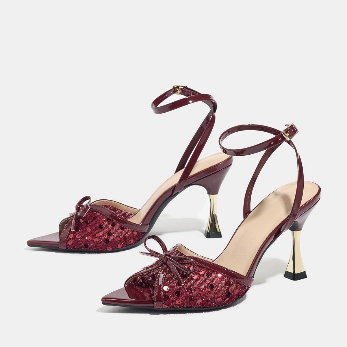 Luxury sandals 2026 new Genuine Burgundy Sequin Bow Slingback Kitten Heels Pointed Toe Metallic Heel Ankle Strap Dress Shoes for Party Prom