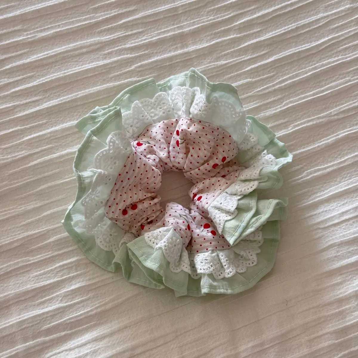 Spring Lace Hair Scrunchies Sweet Cherry Print Hair Ties For Women Forest Style Polka Dot Cotton Head Bands Ponytail Accessories H260319