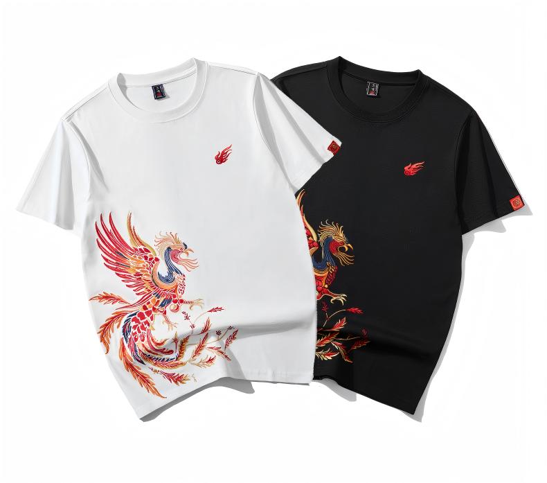 Men Women Hip Hop T Shirt Cotton Chinese Embroidery T Shirt Oversized Casual Animal Phoenix Couple Tees Top Unisex High Quality