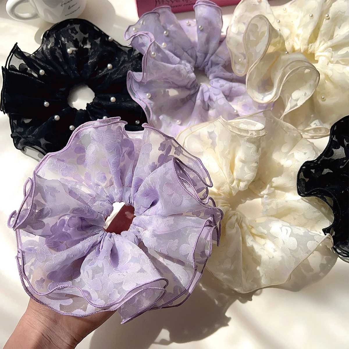 1 Pcs Womens Hair Scrunchies Mesh Pearl Double-layer Lace Sweet Cute Fashionable Hairbands Elegant Gentle Hair Accessories Girl H260319
