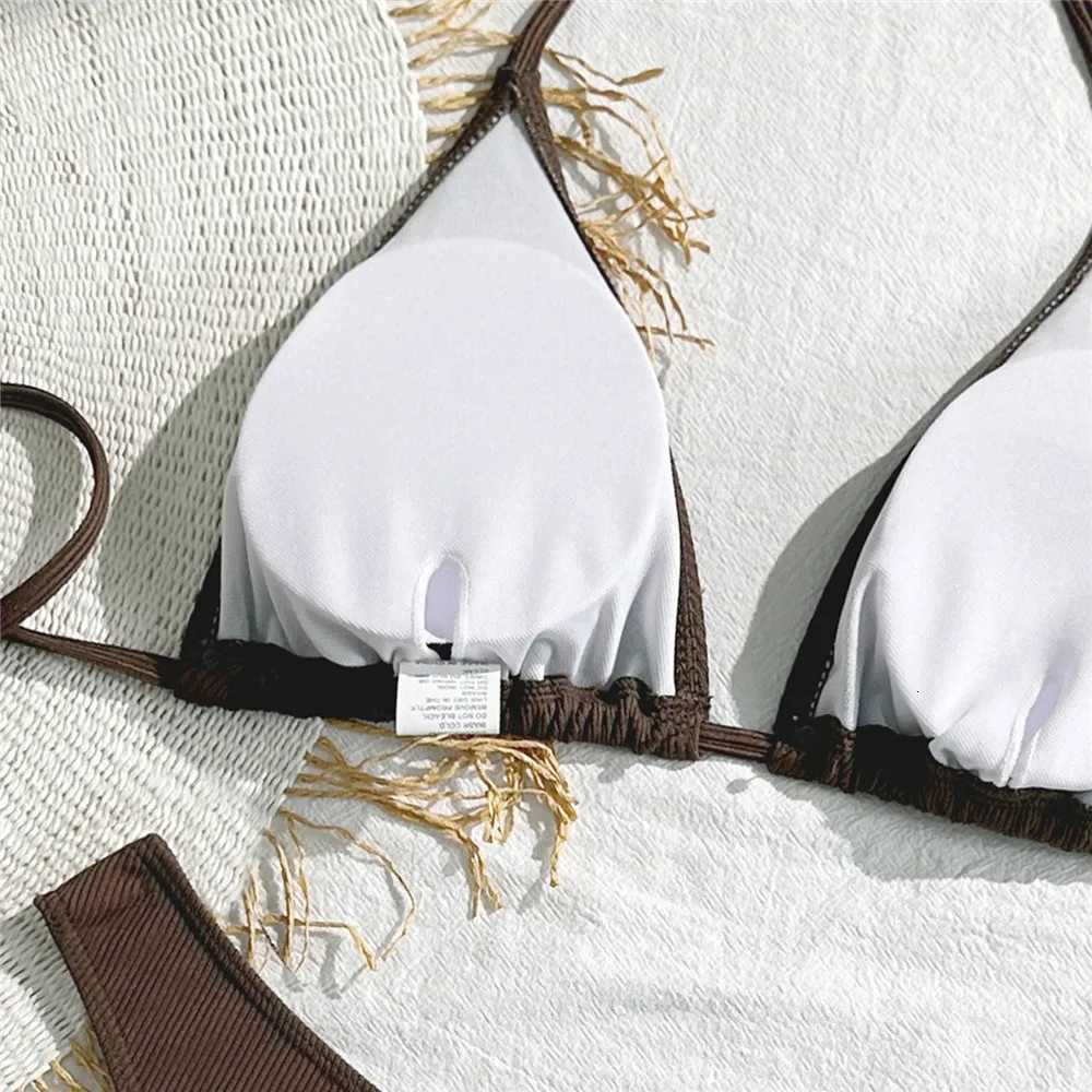 Brown String Halter Triangle Bikini Ribbed Solid Swimwears Sexy Swimsuit Women 2026 Padded Bikinis Sets Bathing Swimming SuitT260318